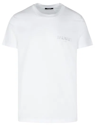 Balmain White Crewneck T-shirt With Logo Lettering On The Front In Cotton Man In Multicolor