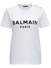 Balmain White Crewneck T-shirt With Logo Print And Golden Buttons In Jersey Woman