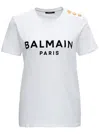 Balmain White Crewneck T-shirt With Logo Print And Golden Buttons In Jersey Woman