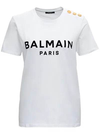 BALMAIN WHITE CREWNECK T-SHIRT WITH LOGO PRINT AND GOLDEN BUTTONS IN JERSEY WOMAN