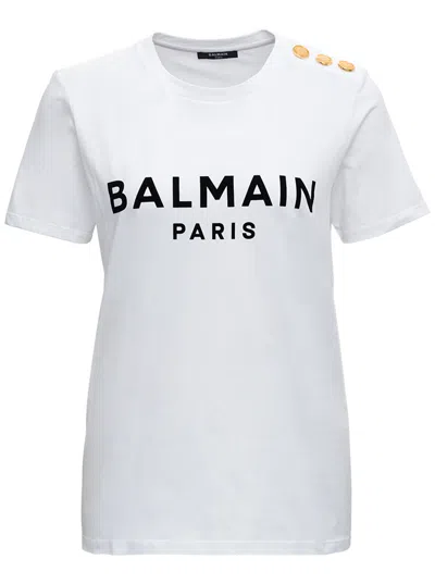 BALMAIN BALMAIN WOMEN WHITE CREWNECK T-SHIRT WITH LOGO PRINT AND GOLDEN BUTTONS IN JERSEY WOMAN