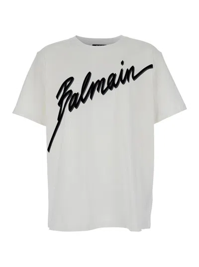 Balmain White Crewneck T-shirt With Maxi Logo Lettering On The Front In Cotton Man