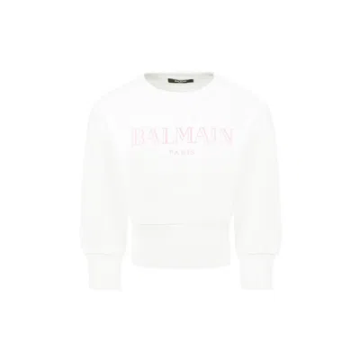 BALMAIN WHITE CROP SWEATSHIRT FOR GIRL WITH LOGO