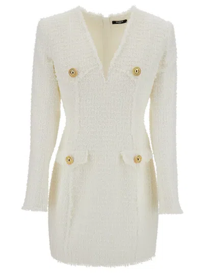 Balmain White Cropped Jacket With Jewel Buttons In Tweed Woman