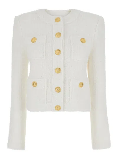 BALMAIN WHITE CROPPED JACKET WITH PATCH POCKETS IN TWEED WOMAN