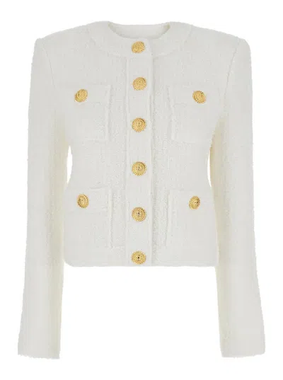 Balmain White Cropped Jacket With Patch Pockets In Tweed