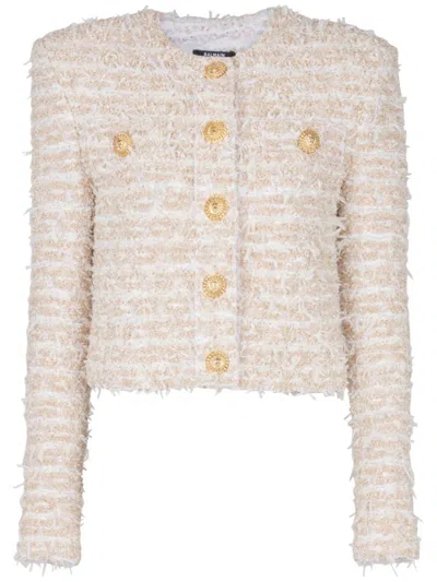BALMAIN WHITE CROPPED TWEED BLAZER