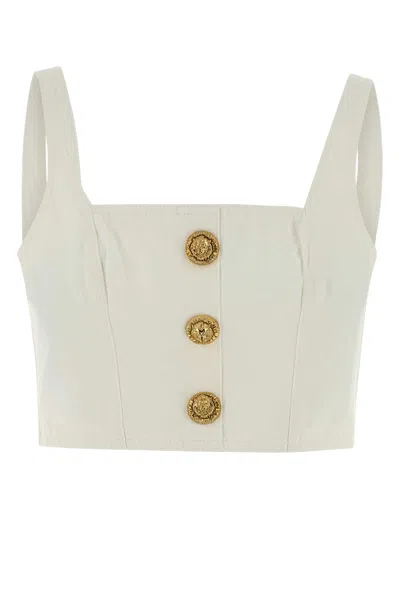 Balmain Sleeveless Top Gold Buttons Square Neckline In White
