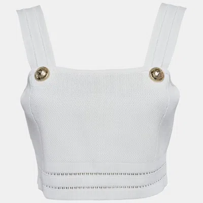 Pre-owned Balmain White Diamond Stretch Knit Crop Top M
