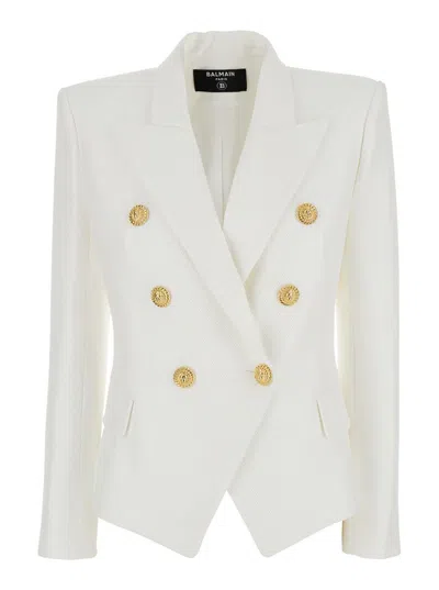 Balmain White Double-breasted Jacket With Peak Lapels And Logo Buttons