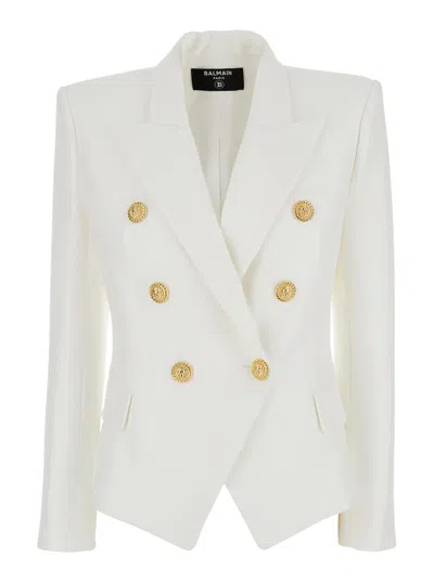 BALMAIN WHITE DOUBLE-BREASTED JACKET WITH PEAK LAPELS AND LOGO BUTTONS IN FABRIC WOMEN