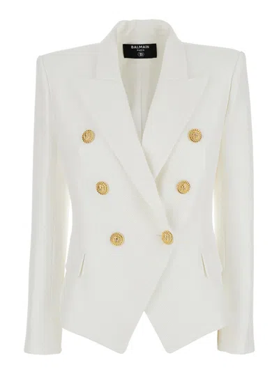 BALMAIN BALMAIN WHITE DOUBLE-BREASTED JACKET WITH PEAK LAPELS AND LOGO BUTTONS IN FABRIC WOMEN