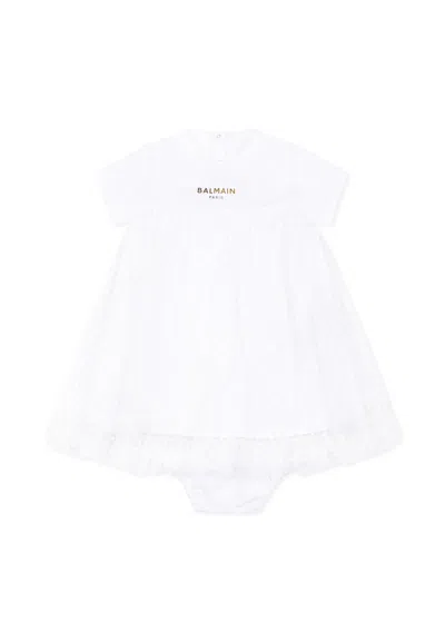 Balmain White Dress For Baby Girl With Logo