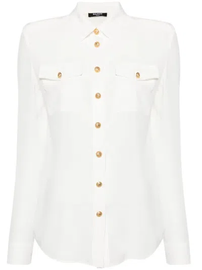 BALMAIN WHITE EMBOSSED-BUTTONS SILK SHIRT