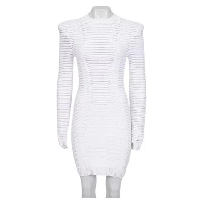 Pre-owned Balmain White Fitted Dress Circa 2020 Perforated Knit Gold Hardware S