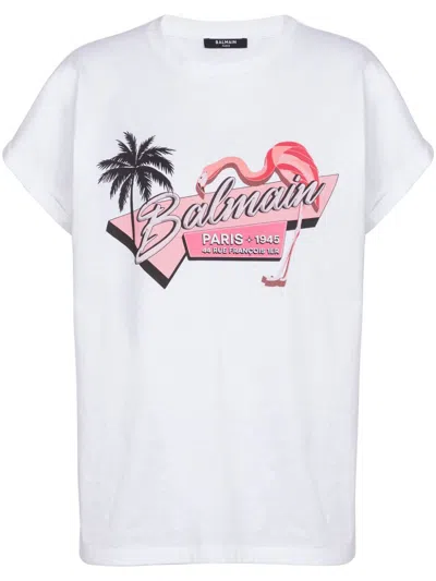 Balmain T-shirt Mit Flamingo-print In Weiss