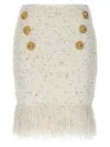 Balmain Tweed Skirt With Fringed Hem And Gold-tone Buttons In White