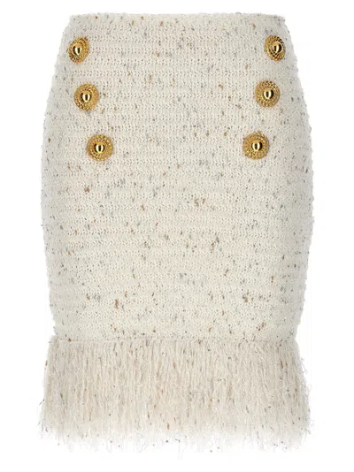 BALMAIN WHITE FRINGED TWEED SKIRT