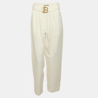Pre-owned Balmain White Jacquard Belted Pants S
