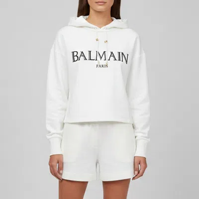 Pre-owned Balmain White Jersey Logo Embossed Hoodie Xs