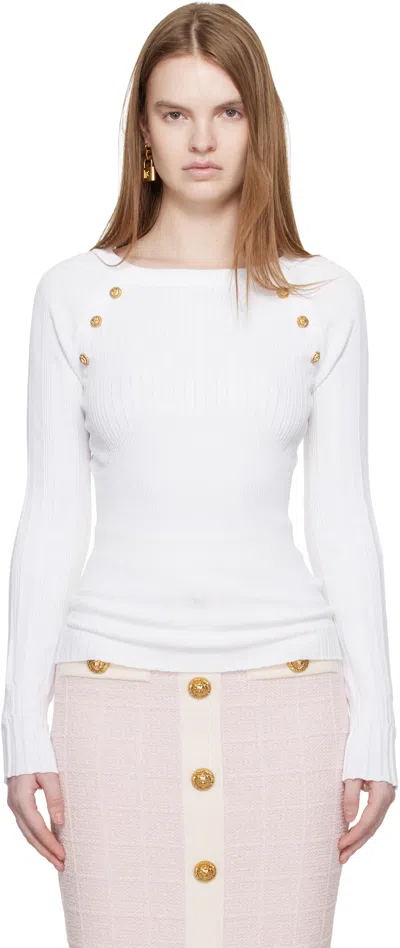 Balmain White Knit Buttons Sweater