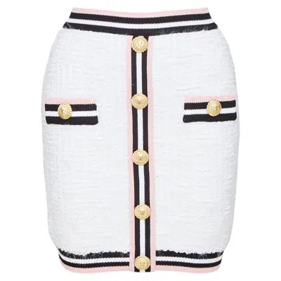 Pre-owned Balmain White Knit Tweed Striped Border Lion Head Button Mini Skirt Fr34 Xxs