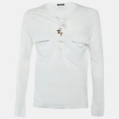 Pre-owned Balmain White Linen Lace-up Long Sleeve T-shirt M