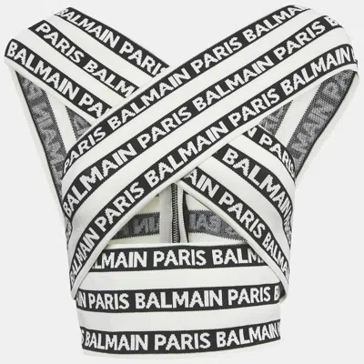 Pre-owned Balmain White Logo All Over Knit Crossover Banded Top S In Black