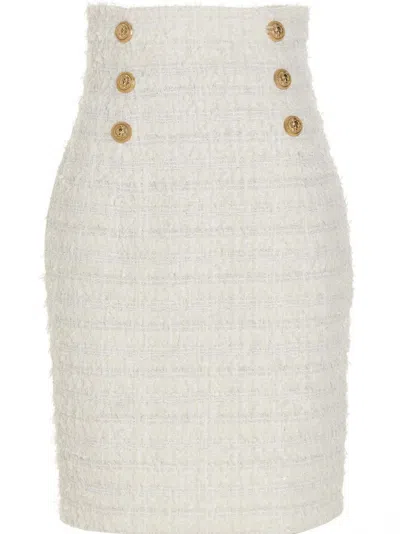 Balmain White Logo Button Tweed Skirt