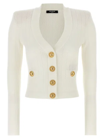 BALMAIN WHITE LOGO BUTTONS CARDIGAN