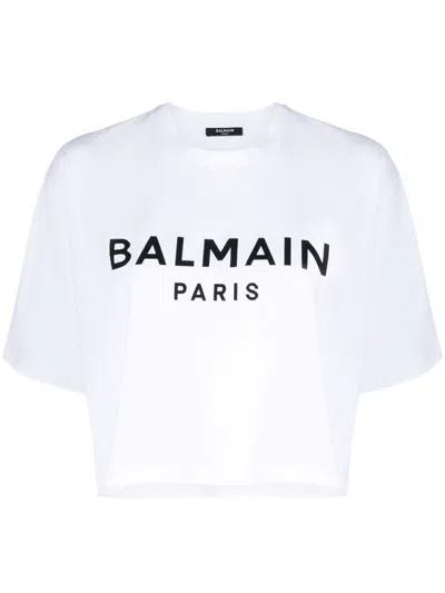BALMAIN WHITE LOGO CROPPED COTTON T-SHIRT