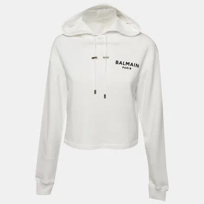 Pre-owned Balmain White Logo Flocked Cotton Crop Sweatshirt S