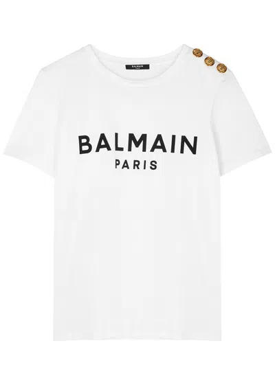 Balmain Women White Crewneck T-shirt With Logo Print And Golden Buttons In Jersey Woman In Gray