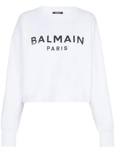 Balmain White Logo Organic Cotton Cropped Sweatshirt