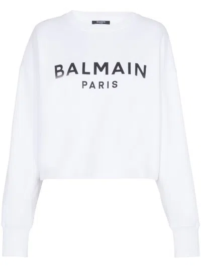 BALMAIN WHITE LOGO ORGANIC COTTON CROPPED SWEATSHIRT