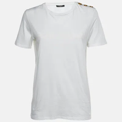 Pre-owned Balmain White Logo Print Cotton Button Detail T-shirt M