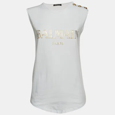 Pre-owned Balmain White Logo Print Cotton Knit Sleeveless Top M