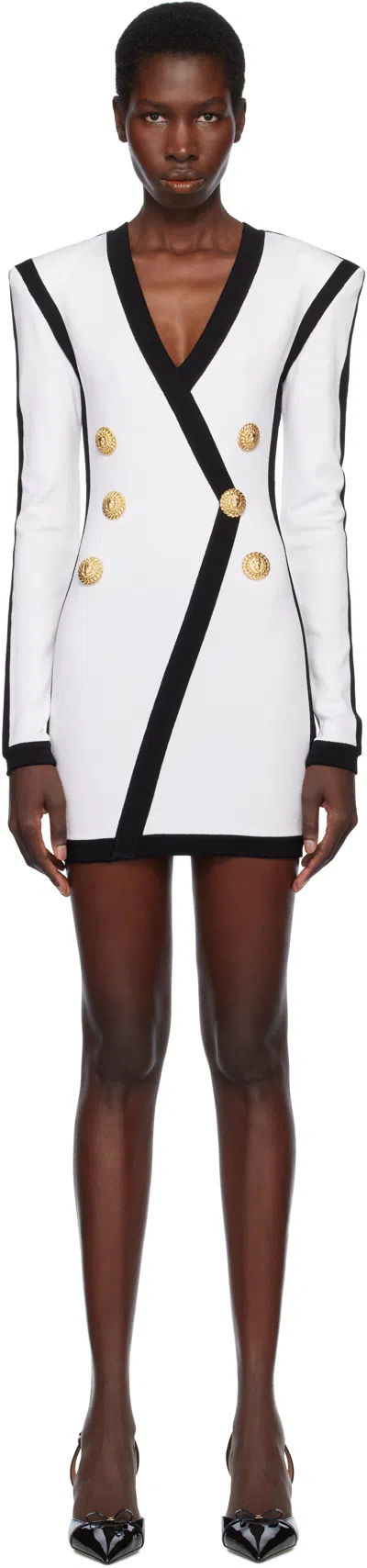 BALMAIN WHITE LS V-NECK TAILORED BODYCON SHORT MINIDRESS
