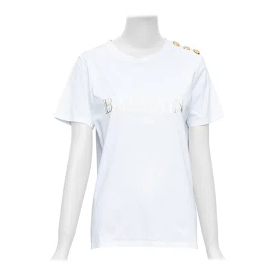 Pre-owned Balmain White Metallic Gold Foil Logo Print Button Shoulder Tshirt Fr38 M