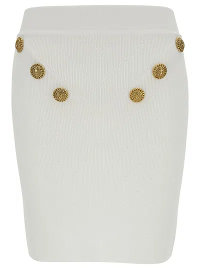 BALMAIN WHITE MINI PENCIL SKIRT WITH JEWEL BUTTONS IN VISCOSE BLEND WOMAN