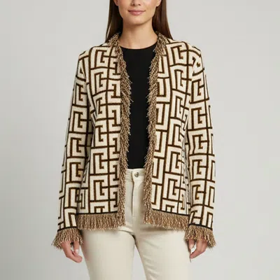 Pre-owned Balmain White Monogram Jacquard Knit Fringed Cardigan S