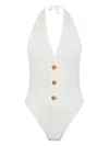 Balmain White One-piece Swimsuit With Decorative Gold Buttons In White