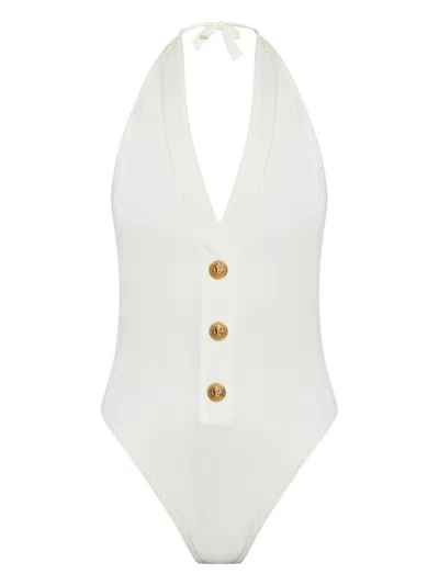 Balmain White One-piece Swimsuit With Decorative Gold Buttons