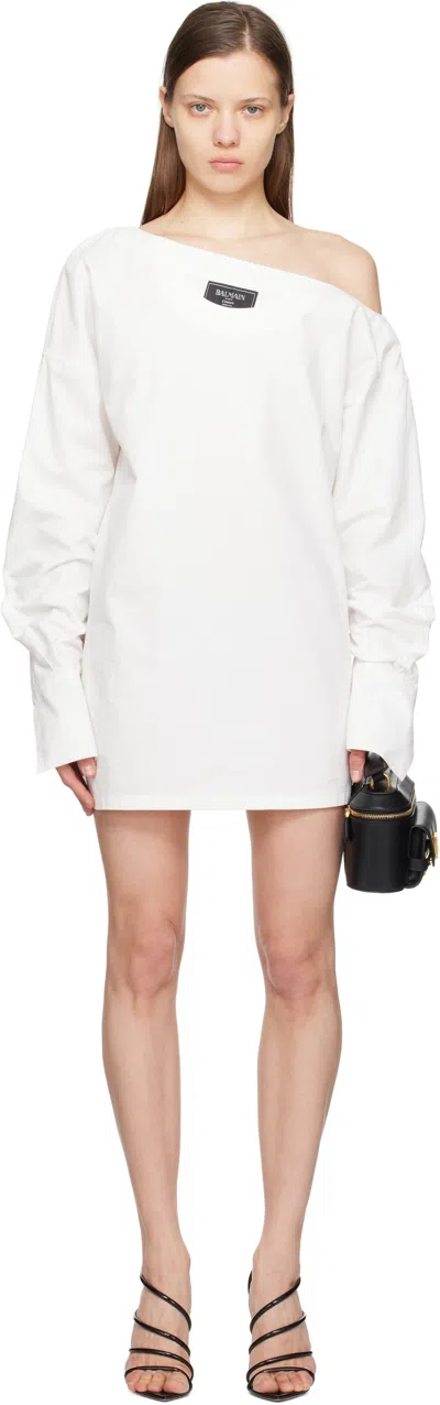 Balmain White Open Neck Asymmetric Shirt Minidress In 0fa Blanc