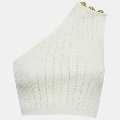 Pre-owned Balmain White Pointelle Knit One Shoulder Top S