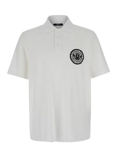 Balmain White Polo Shirt With Collar And Coin Print On The Front In Cotton Man In Multicolor