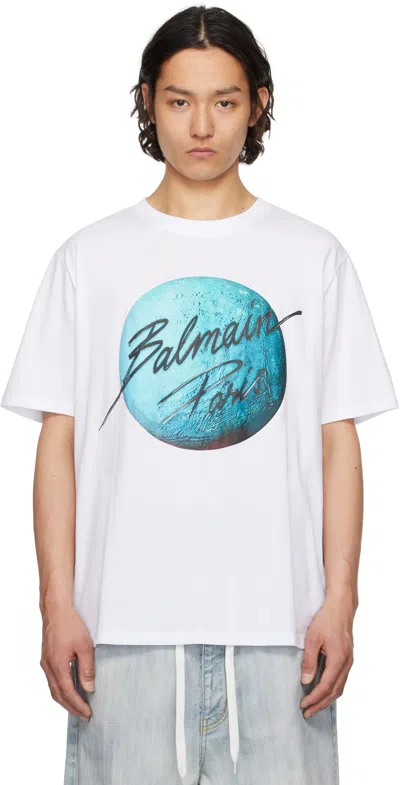 Balmain Paris Logo And Planet T-shirt In White