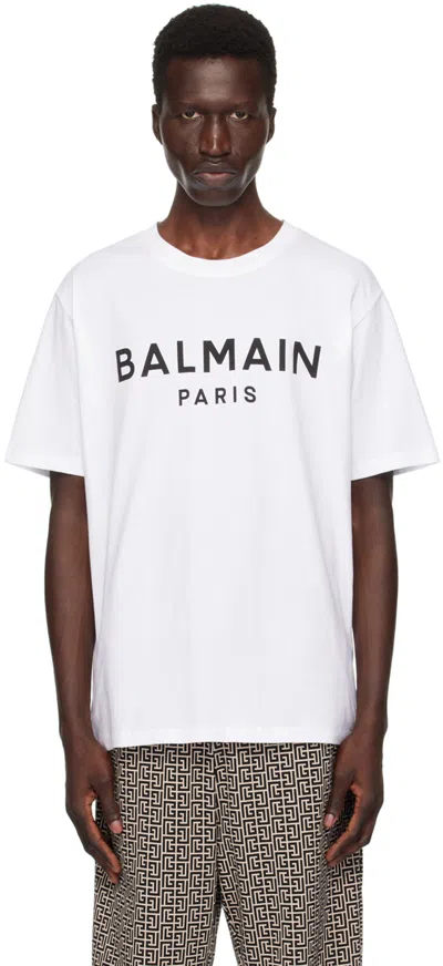 Balmain White Printed ' Paris' T-shirt In Gab Blanc/noir