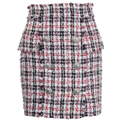 Pre-owned Balmain White Red Black Cotton Frayed Metallic Plaid Tweed Mini Skirt 38 S