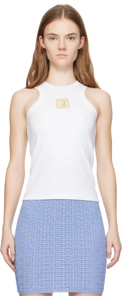 BALMAIN WHITE RETRO 'PB' TANK TOP